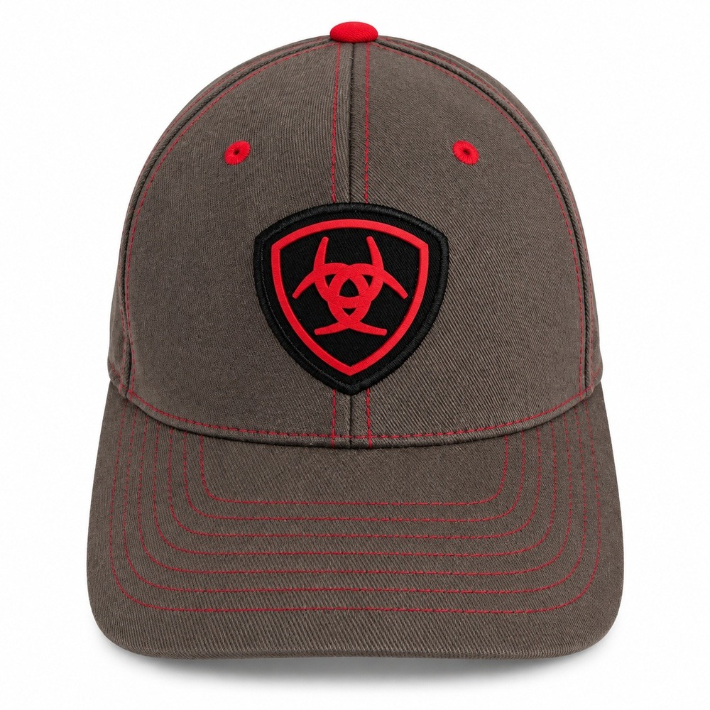 Ariat L-XL Baseball Cap Brown Red Shield Logo Flexfit Curved Brim Western Hat